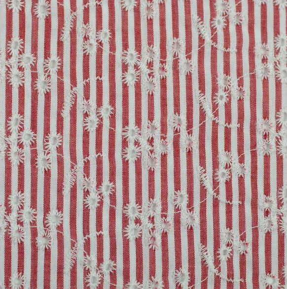 Broderie rood gestreept met bloemetjes